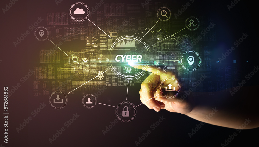 Hand touching CYBER inscription, Cybersecurity concept Hand touching CYBER inscription, Cybersecurity concept