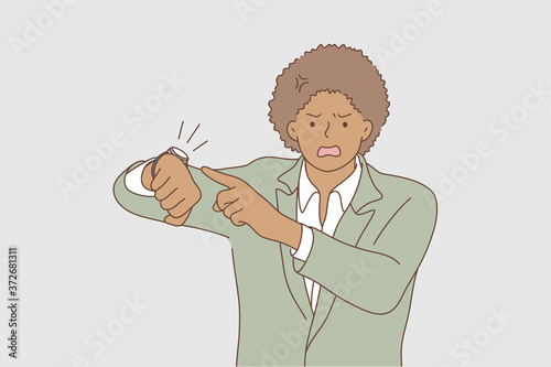 Business, face, expression, wait, emotion concept. Young worried unhappy african american businessman guy clerk manager hurry and pointing to watch time. Impatience and deadline delay illustration.