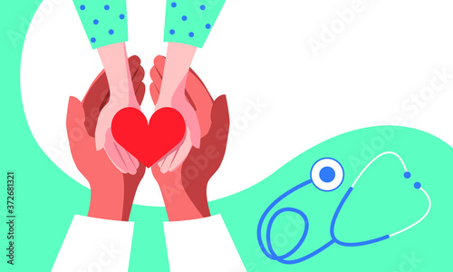 The hands of the pediatrician doctor and the hands of the child hold the heart. Medical care concept for children. Banner design. Stock vector illustration.