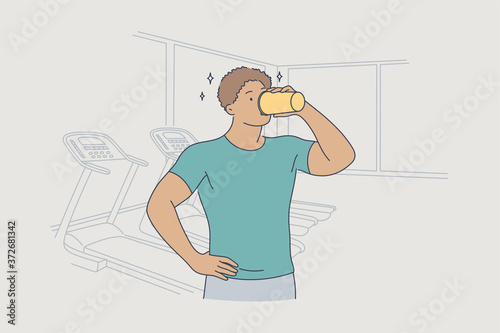 Health, care, drink, training, sport, rest concept. Young tired african american man guy athlete drinking protein cocktail or milkshake in gym. Healthy lifestyle and active recreation illustration.