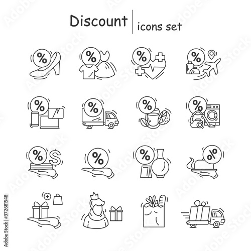 Discount icons set. Sale promotion, shop and service special offers line pictograms. Concept of customer stimulation and marketing strategy. Editable stroke vector illustration for retail business
