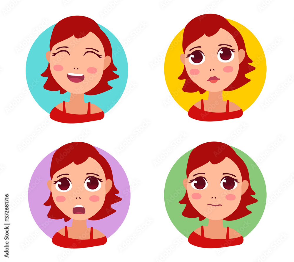 Vector set of illustration of portrait of a beautiful girl with big eyes in different emotions on white background. Vector set of illustration of portrait of a beautiful girl with big eyes in different emotions on white background.