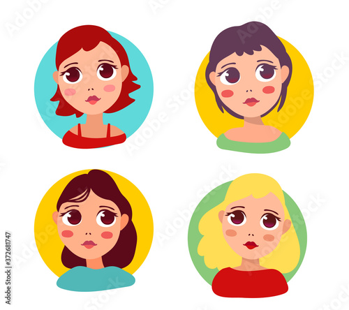 Vector set of illustration of portrait of a beautiful thoughtful and shy girl with big eyes and colorful hair in circle frame on white background.
