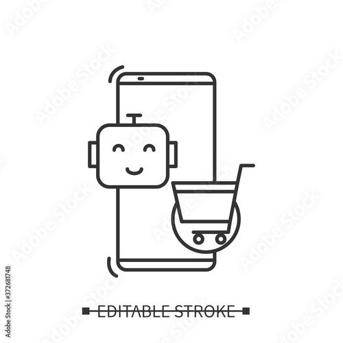 Ai in e-commerce icon. Smartphone, robot and shopping cart. Line concept pictogram for mobile technology and mobile sale data analytics. Editable vector illustration for logo, web and retail business 