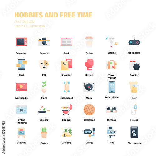 Hobbies and free time icons. Hobbies and free time flat icon set. Icon for website, application, print, poster design, etc.