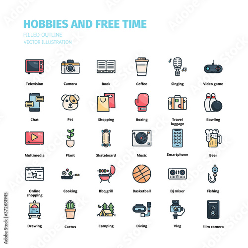 Hobbies and free time icons. Hobbies and free time filled outline icon set. Icon for website, application, print, poster design, etc.