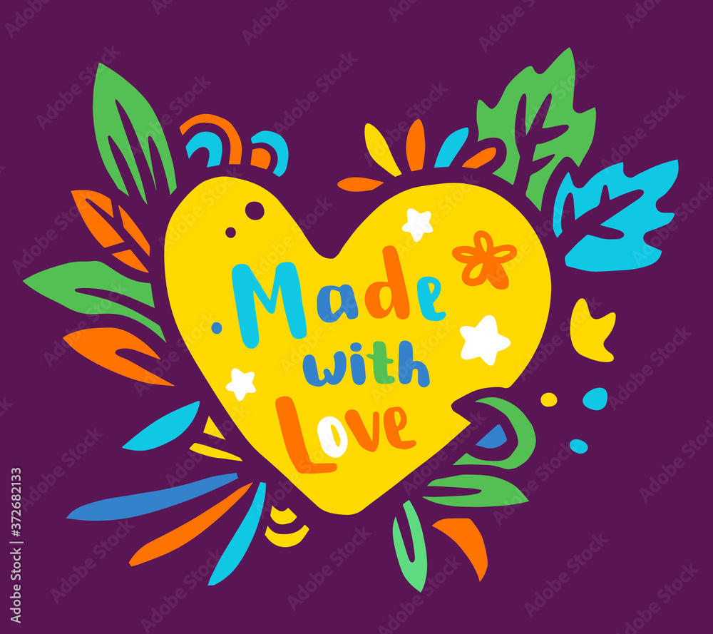 Vector illustration of colorful heart wreath with simple flower and text. Nice message in floral frame on color background.