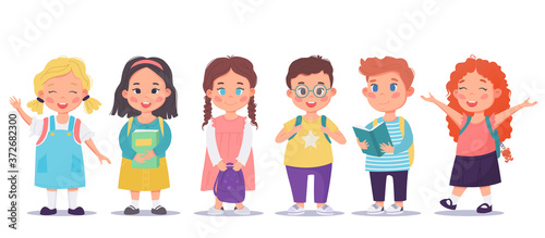 Group of school kids or pupils standing and smiling. They hold books and waving hands. Cute happy school characters isolated on the white background. Colorful cartoon vector illustration.