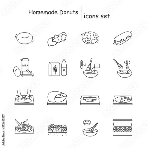 Homemade donuts icons set. Deep fried donuts and bread home baking instruction linear pictogram. Concept of fresh and tasty bakery and pastry recipe. Editable stroke vector illustrations for cookbook