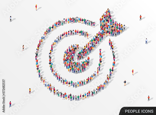 Large group of people seen from above gathered together in the shape of a target with arrow icon.