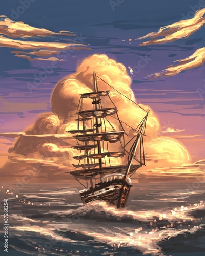 Ship in the sea at sunset