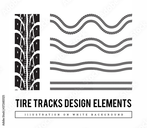 Tire tracks vector set design elements with varying degrees of curvature.