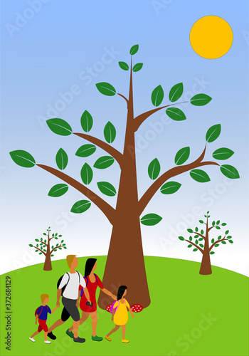 familia, campo, bosque, naturaleza, paseando, planeta, vegetación, aire libre, parque, árboles, hojas, sol, hierba, padre, madre, niño, niña, hijo, hija, mamá, papá, en familia, hombre, mujer, chico