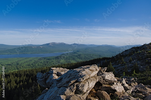 view of Lake Zyuratkul and Big Nurgush from the top of the mountain range