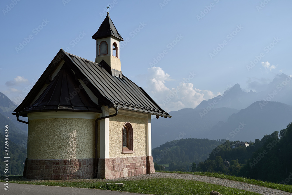 Kirchleitn chapel and mountain background in Berchtesgaden, Bavaria, Germany
