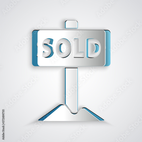 Paper cut Hanging sign with text Sold icon isolated on grey background. Sold sticker. Sold signboard. Paper art style. Vector.