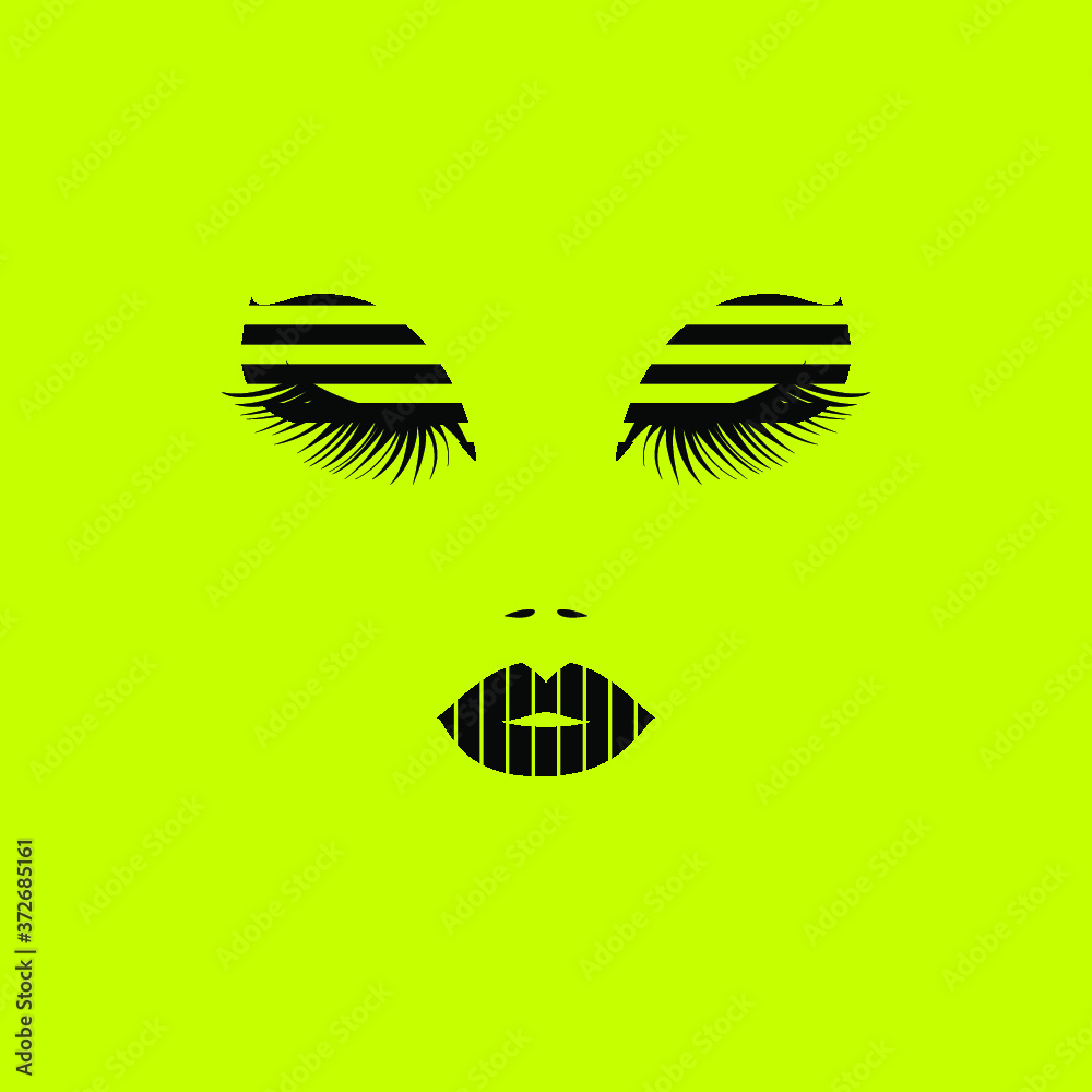 Woman face with black lips on neon green background for Beauty Logo, sign, symbol, icon for salon, spa salon, hairdressing, firm company or center. Vector illustration