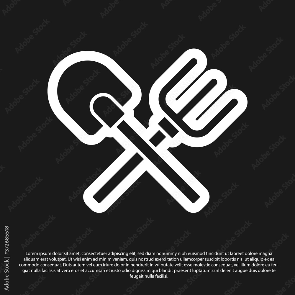 Fototapeta Black Shovel and rake icon isolated on black background. Tool for horticulture, agriculture, gardening, farming. Ground cultivator. Vector.