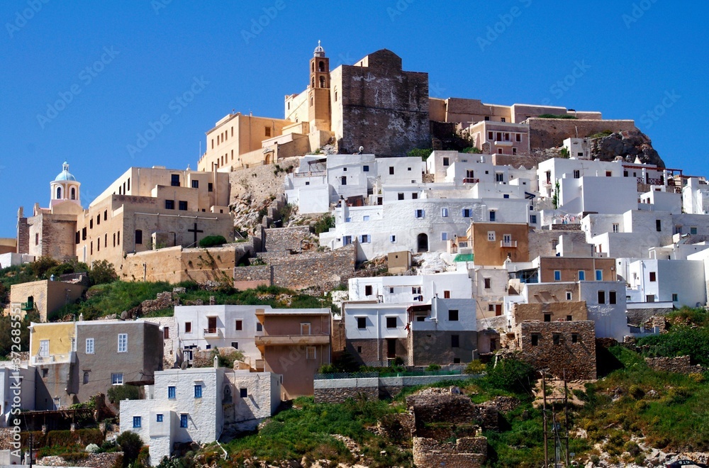 Greece, Syros island, view of Ano Syros town with the Catholic church of Agios Georgios at the top of the hill.