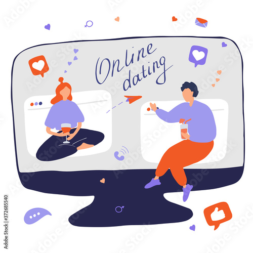 Internet dating. Internet flirting and relationships. Mobile service, application for meeting foreigners. Flat vector illustration