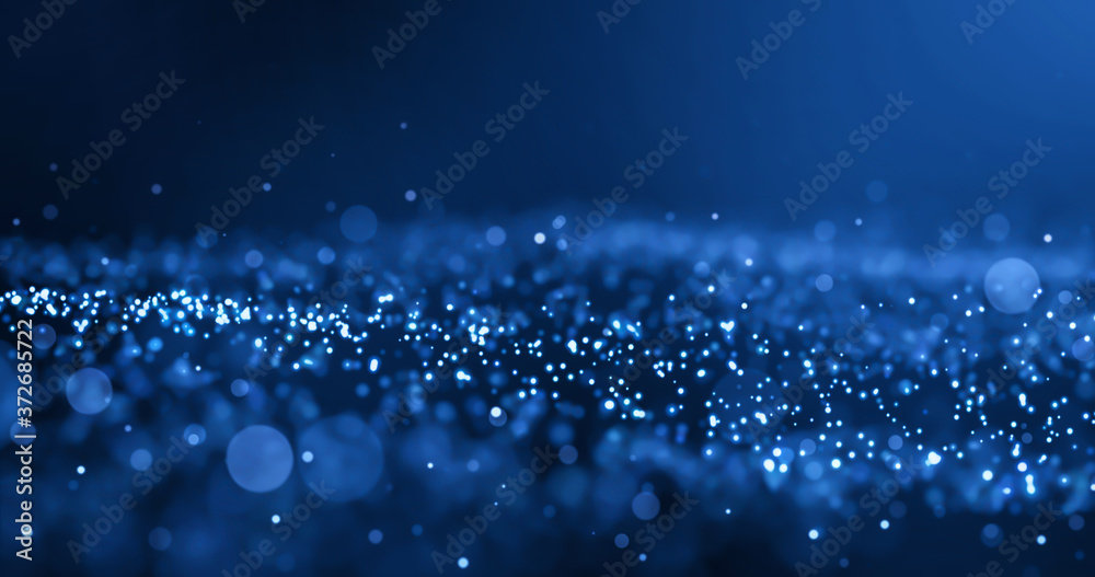Blue particle abstract background. Technology and business dark design with bokeh, glitter effect.