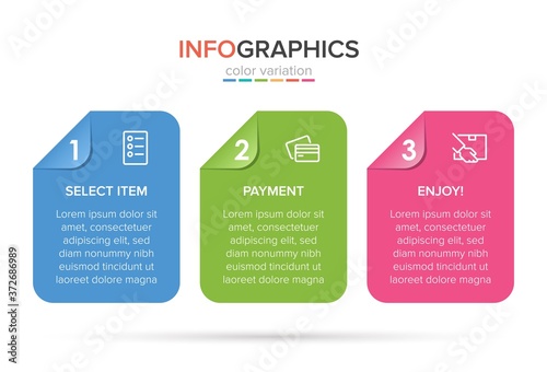 Concept of shopping process with 3 successive steps. Three colorful graphic elements. Timeline design for brochure, presentation, web site. Infographic design layout.