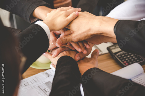 Teamwork Together Concept. Group of diversity people thumb up team success greeting power of tag team. Multiethnic people group working togetherness. Volunteer collaboration in Business Team success