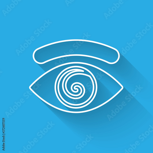 White line Hypnosis icon isolated with long shadow. Human eye with spiral hypnotic iris. Vector.