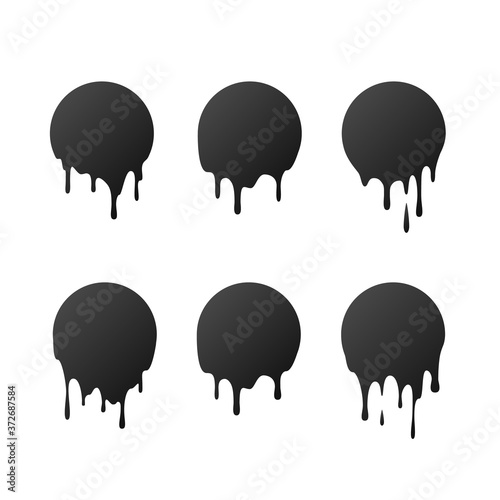 Dripping black circles paint patches. Dripping liquid. Liquid drops of ink. Vector illustration isolated on transparent background