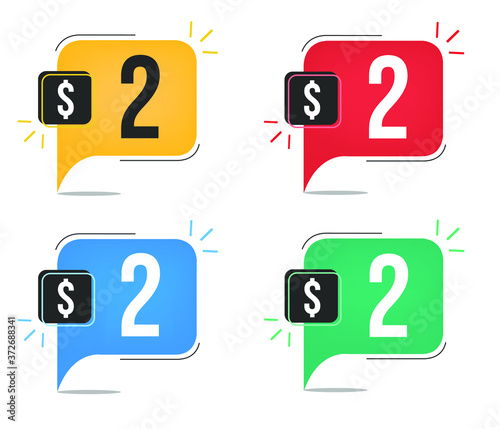 $2 dollar price. Yellow, red, blue and green currency tags. Balloon concept with two dollars sales tag.