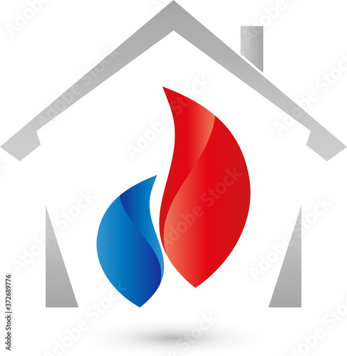 Haus, Wassertropfen, Flamme, Installateur und Klempner Logo