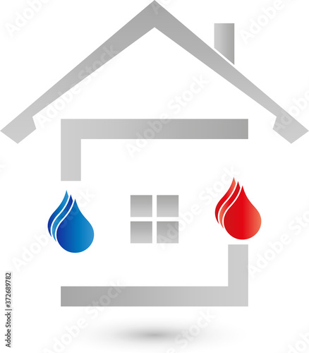 Haus, Wassertropfen, Flamme, Installateur und Klempner Logo
