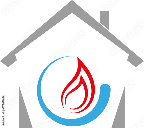 Haus, Wassertropfen und Flamme, Installateur, Klempner, Logo