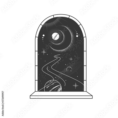 Magic witchcraft open window silhouette with full moon on outer space background. Vector illustration