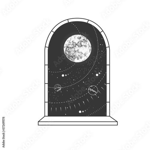 Magic witchcraft open window silhouette with full moon on outer space background. Vector illustration