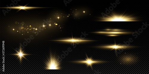 Shining golden stars isolated on black background. Effects, glare, lines, glitter, explosion, golden light. Vector illustration