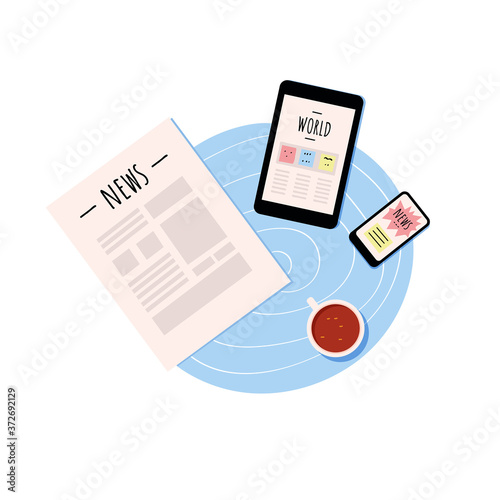 set of newspaper, smartphone, tablet and coffee cup. Latest news, comment and analysis. Fake news