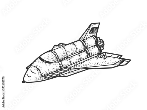 Space Shuttle sketch engraving vector illustration. T-shirt apparel print design. Scratch board imitation. Black and white hand drawn image.