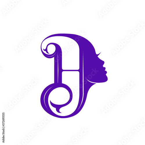 Letter H and woman portrait silhouette.Decorative lettering logo.Beauty, hair, cosmetics and spa icon.Uppercase alphabet initial isolated on light background.