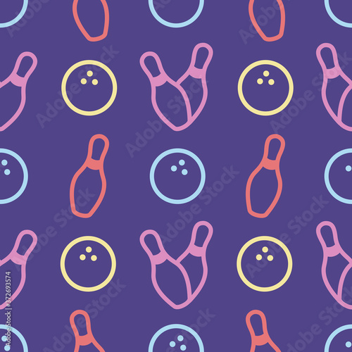 Seamless bowling vector pattern. Sport background. Bowling club, tournaments. Sport icon. Backdrop skittles with ball. Bowling pins with ball icon. Bowling game. Wrapping paper.