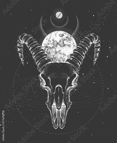 Modern magic witchcraft taros card with animal skull  and full moon on outer space background. Vector illustration