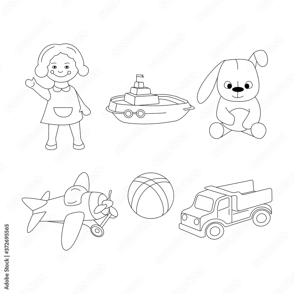 Set of vector illustrations. Toys: car, plane, ship, doll, rabbit, ball. Black outline on a white background. Set of vector illustrations. Toys: car, plane, ship, doll, rabbit, ball. Black outline on a white background.