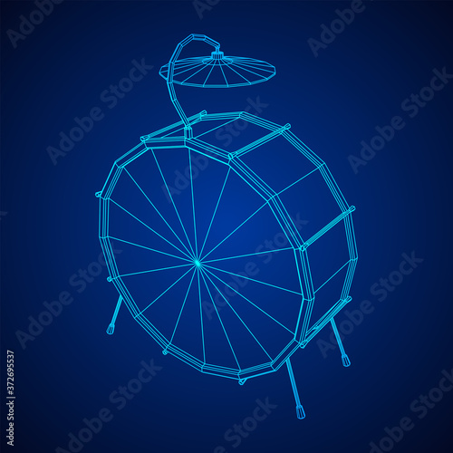 Musical instruments set. Rock band drum kit. Percussion musical instrument drums and cymbal. Wireframe low poly mesh vector illustration.