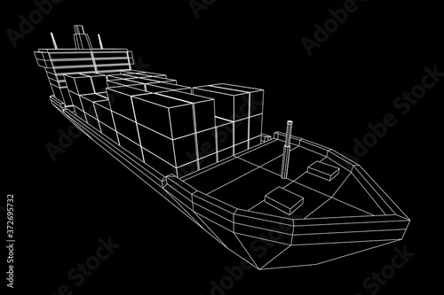 Heavy dry cargo ship of bulk carrier with freight containers. Wireframe low poly mesh vector illustration.