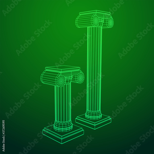Greek ionic column. Ancient pillars roman antique architecture construction decoration. Wireframe low poly mesh vector illustration.