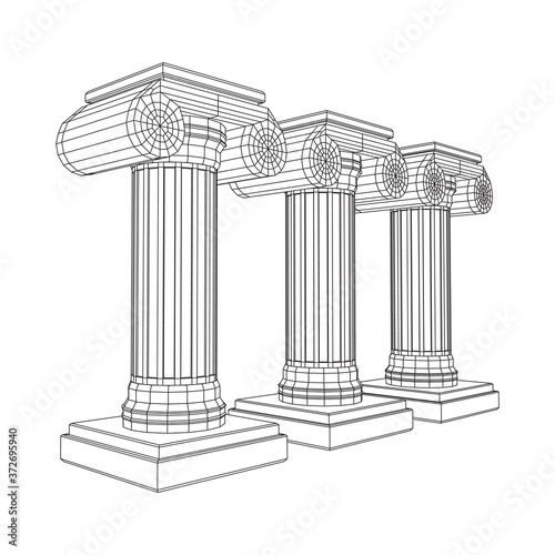 Greek ionic column. Ancient pillars roman antique architecture construction decoration. Wireframe low poly mesh vector illustration.