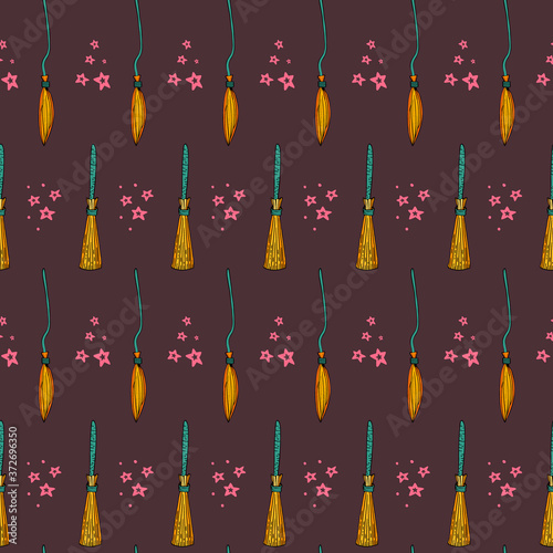 Witch broom vector seamless pattern. Witchy background for halloween design. Magic school concept. EPS 8.