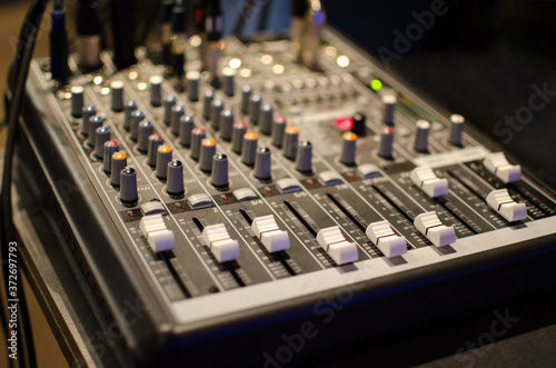 Closeup of portable audio mixing console.