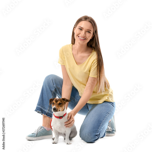 Young woman with cute dog o...
