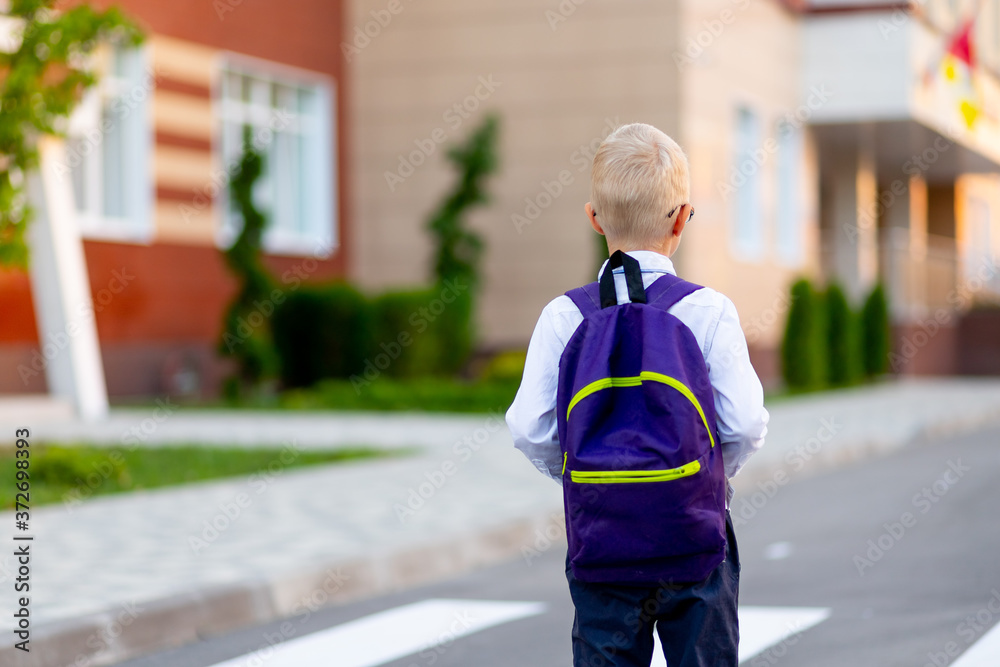 a blond schoolboy with a backpack goes to school. The view from the back. Day of knowledge